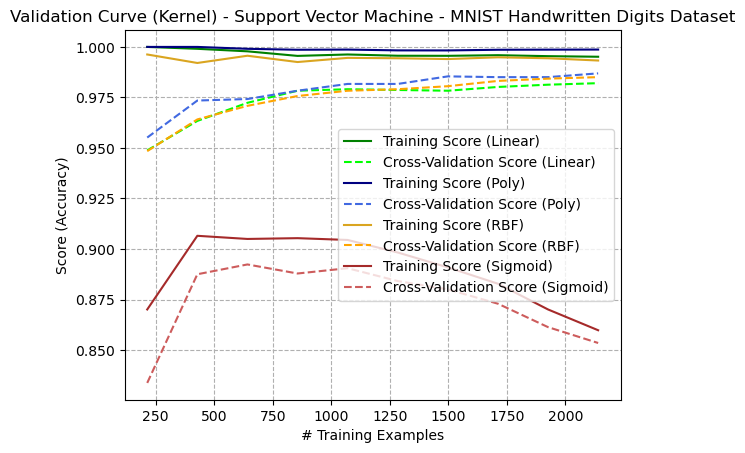 Learning Curve (Various Kernel Type) - Support Vector Machine - Digits Dataset